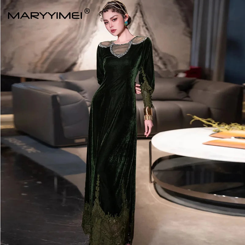MARYYIMEI Fashion design Women's Dress Lace Splicing Long-Sleeved Beading Pretty Slim-Fit Hip Wrap Elegant Velvet Dresses