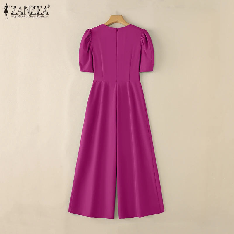 Office Casual Loose Short Sleeve Playsuits Solid Color Wide Leg Jumpsuits