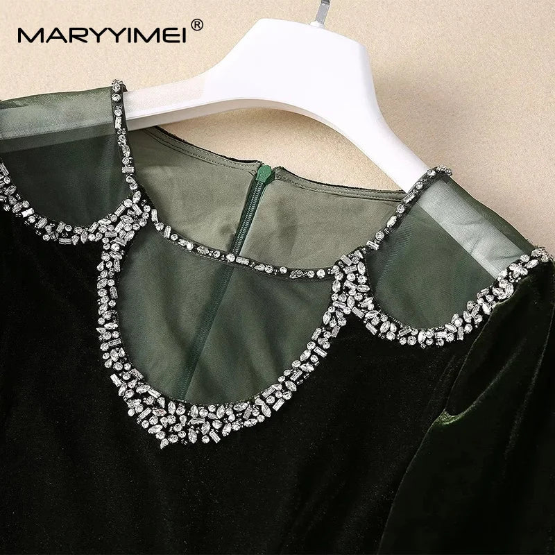 MARYYIMEI Fashion design Women's Dress Lace Splicing Long-Sleeved Beading Pretty Slim-Fit Hip Wrap Elegant Velvet Dresses