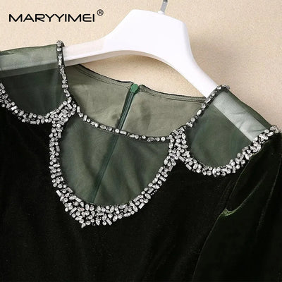 MARYYIMEI Fashion design Women's Dress Lace Splicing Long-Sleeved Beading Pretty Slim-Fit Hip Wrap Elegant Velvet Dresses