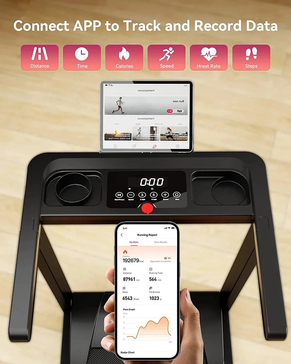 3.0HP Treadmills Electric APP Online Monitoring 7.5MPH Remote Control Foldable