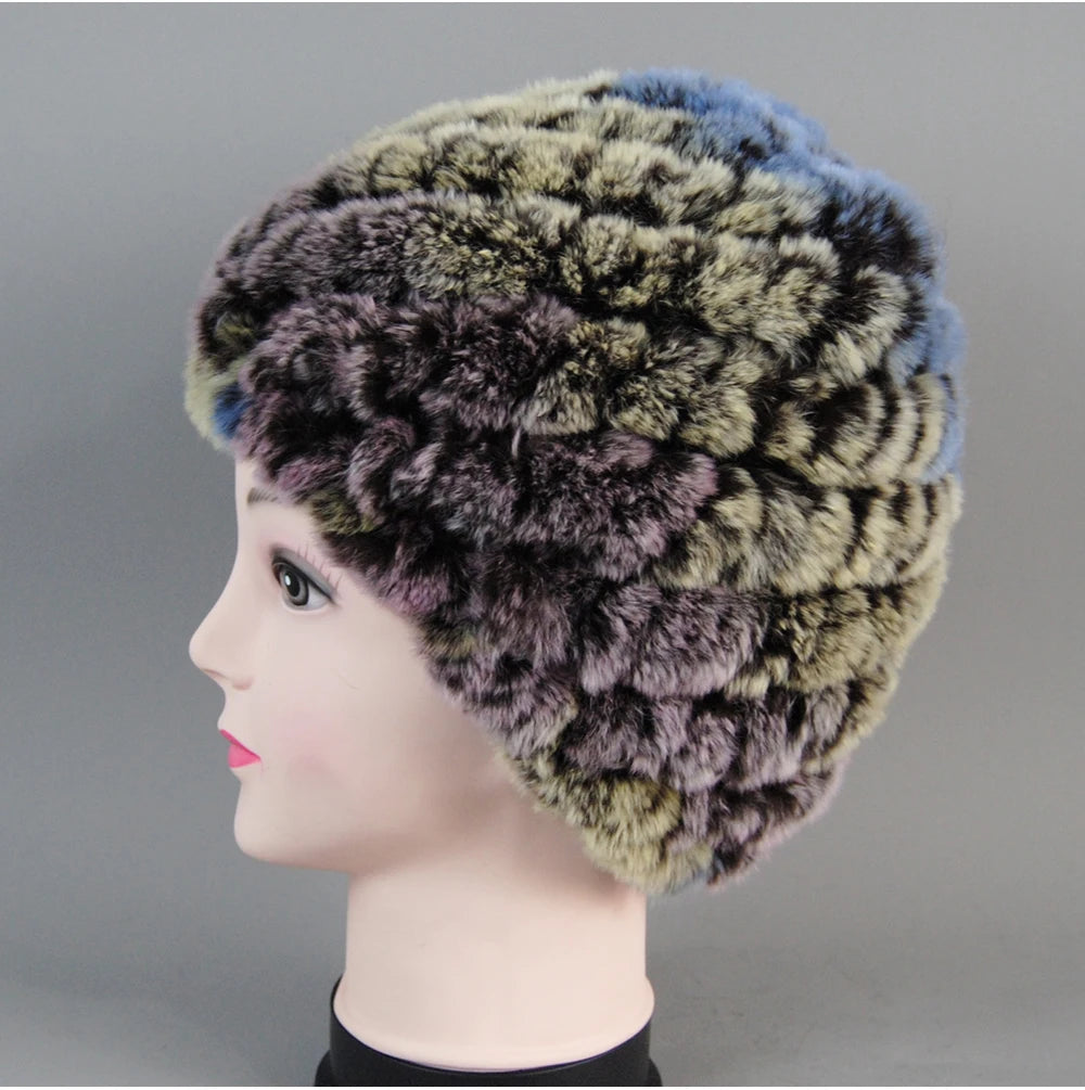 Real Rex Rabbit Winter Fur Hat For Women Russian Real Fur Knitted Cap