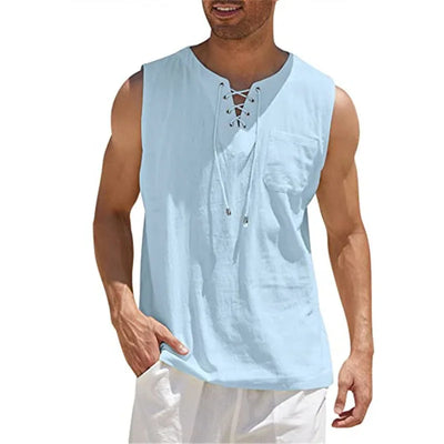 Men's Casual Shirts Leeveless Vest Bandage Lace Up Blouse Retro V Neck