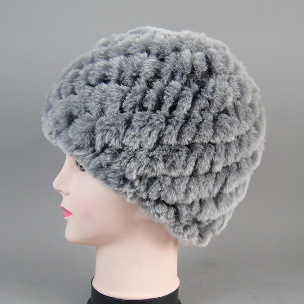 Real Rex Rabbit Winter Fur Hat For Women Russian Real Fur Knitted Cap