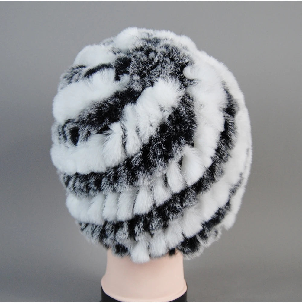 Real Rex Rabbit Winter Fur Hat For Women Russian Real Fur Knitted Cap