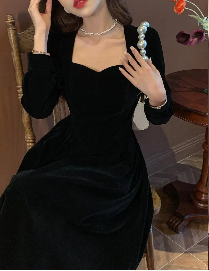 Gold Velvet Women's Dress Elegant Waist-Cinching Ladylike Style