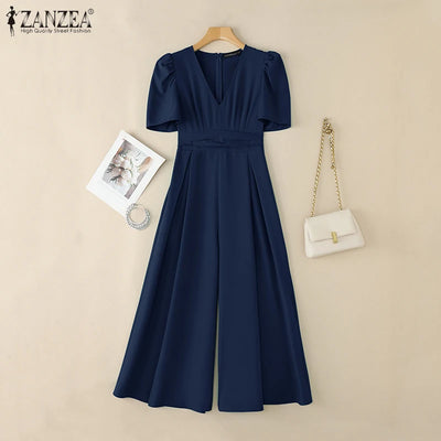 Office Casual Loose Short Sleeve Playsuits Solid Color Wide Leg Jumpsuits