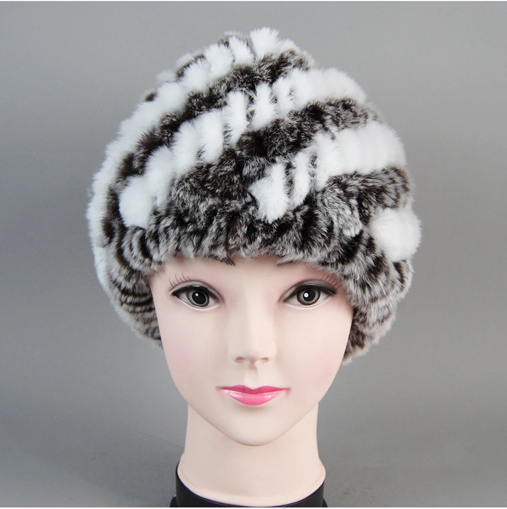 Real Rex Rabbit Winter Fur Hat For Women Russian Real Fur Knitted Cap