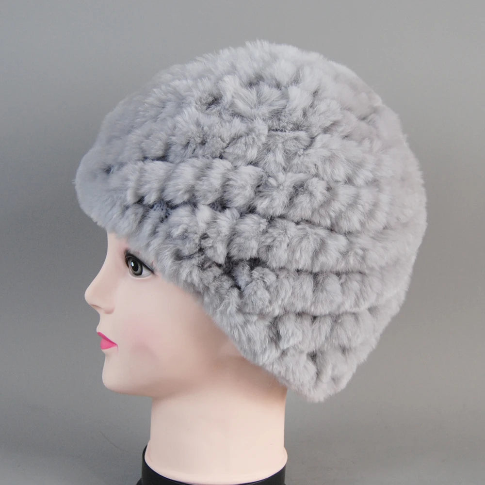 Real Rex Rabbit Winter Fur Hat For Women Russian Real Fur Knitted Cap