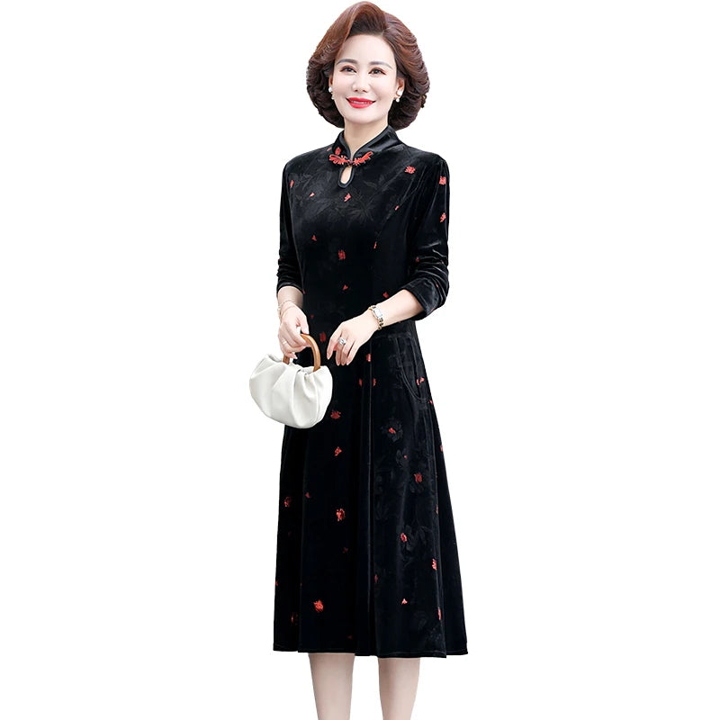 Embroidery Gold Velvet Cheongsam Long Dress Women