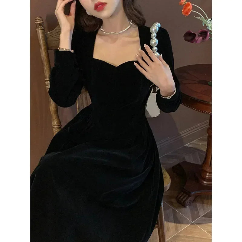 Gold Velvet Women's Dress Elegant Waist-Cinching Ladylike Style