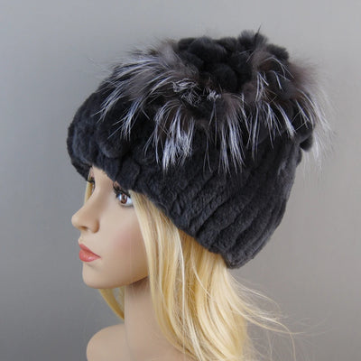 Luxury Women Fur Hat For Winter Handmade Natural Rex Rabbit Fox .