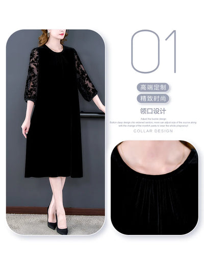 Velvet Chic Hook Flower Hollow Sexy Midi Dress Women Solid