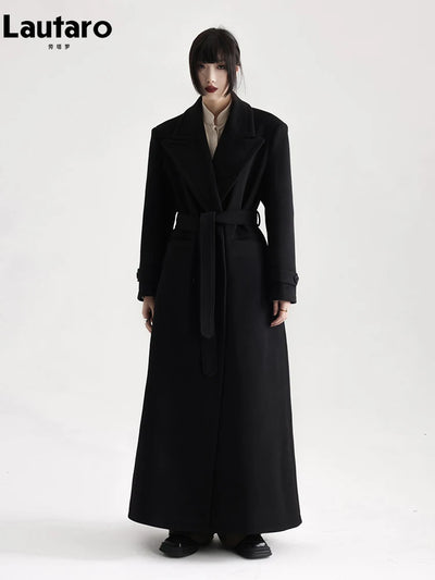 Winter Luxury Extra Long Black Warm Soft Wool & blends Coat for Women