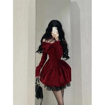 Y2K Sexy Slash Neck Red Velvet Dresses Winter Kawaii Christmas Party