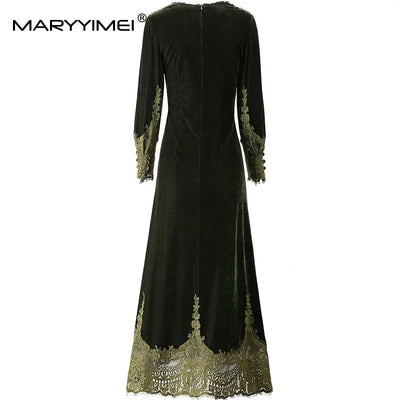 MARYYIMEI Fashion design Women's Dress Lace Splicing Long-Sleeved Beading Pretty Slim-Fit Hip Wrap Elegant Velvet Dresses