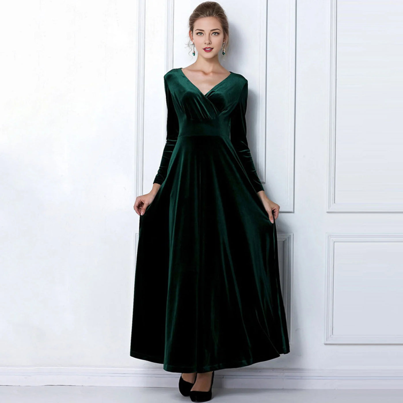 Long Sleeve V Neck Pleated Velvet Banquet Party Maxi Dress Party Wedding