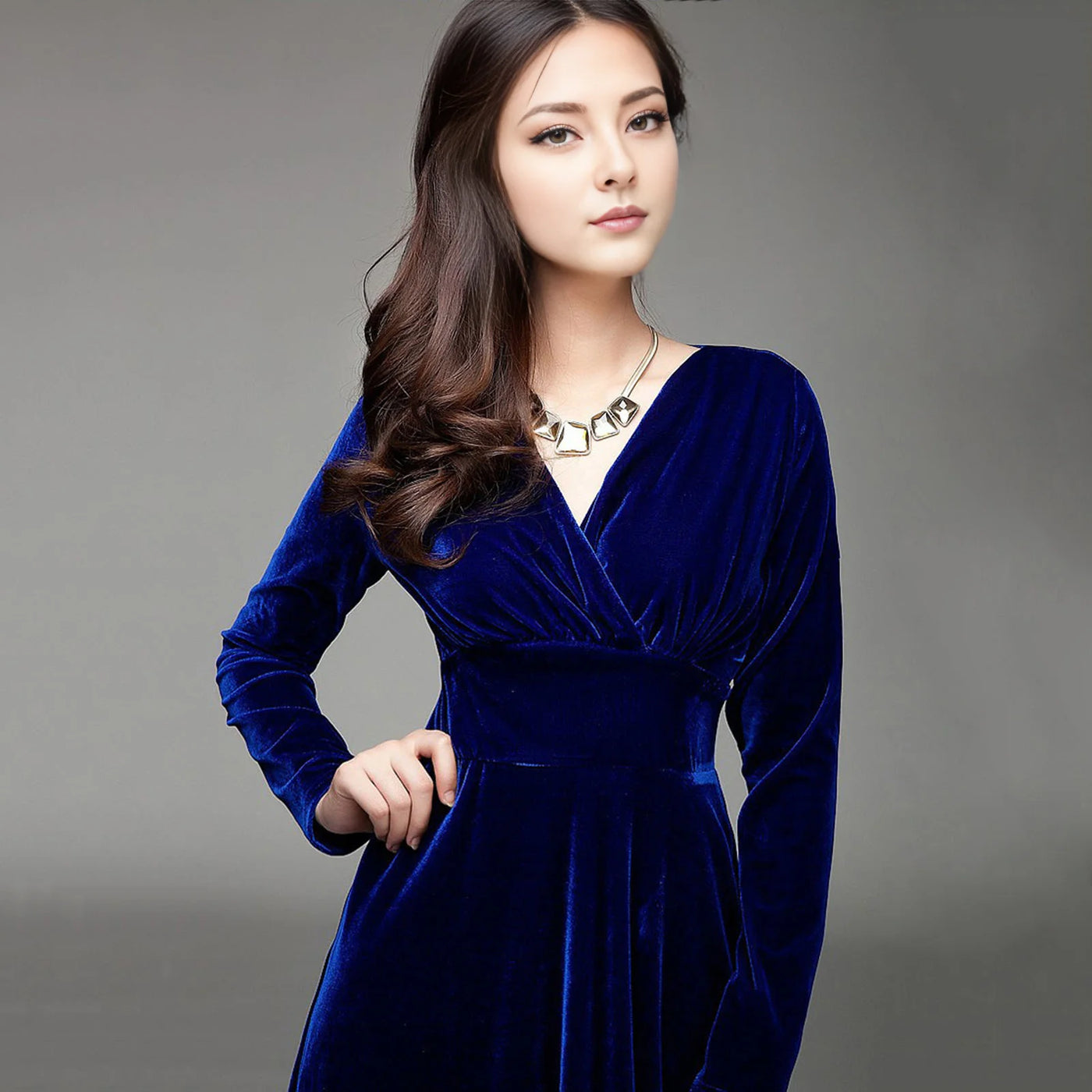 Long Sleeve V Neck Pleated Velvet Banquet Party Maxi Dress Party Wedding