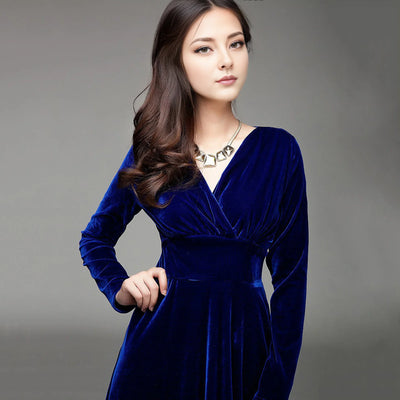 Long Sleeve V Neck Pleated Velvet Banquet Party Maxi Dress Party Wedding