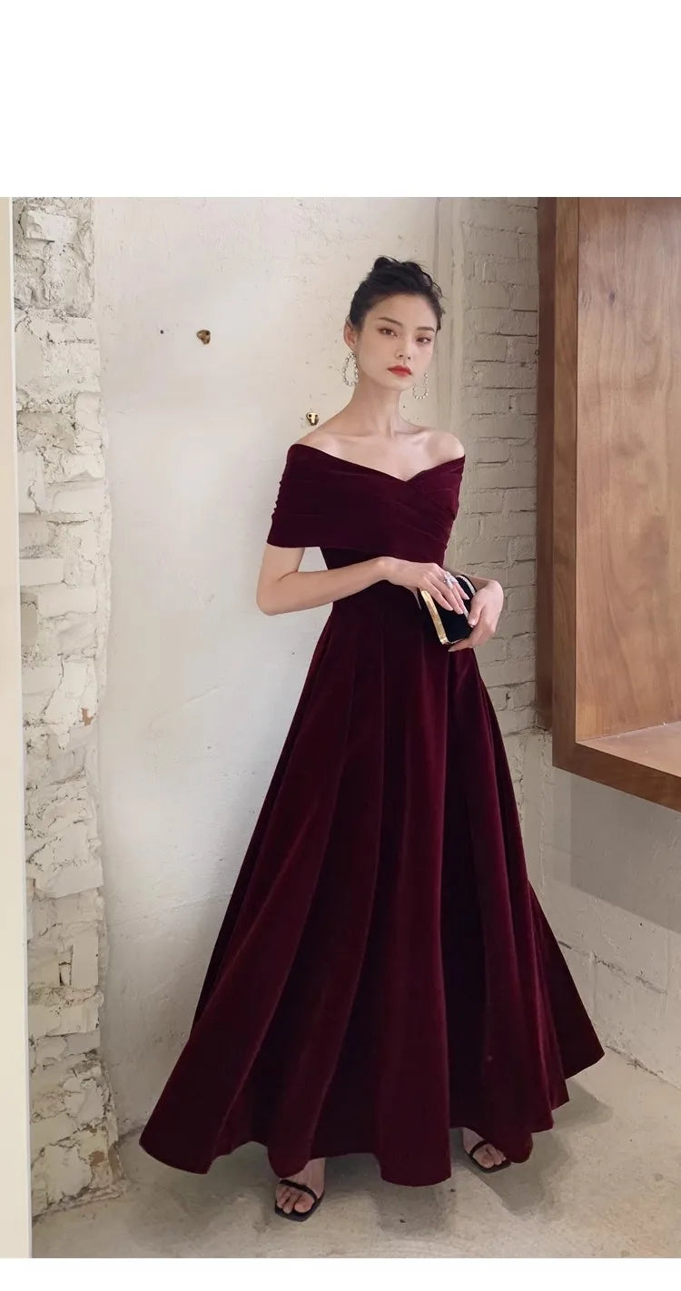 Chic Black Soft Velvet Evening Party Wedding Dresses for Women Off Shoulder Maxi Clothes