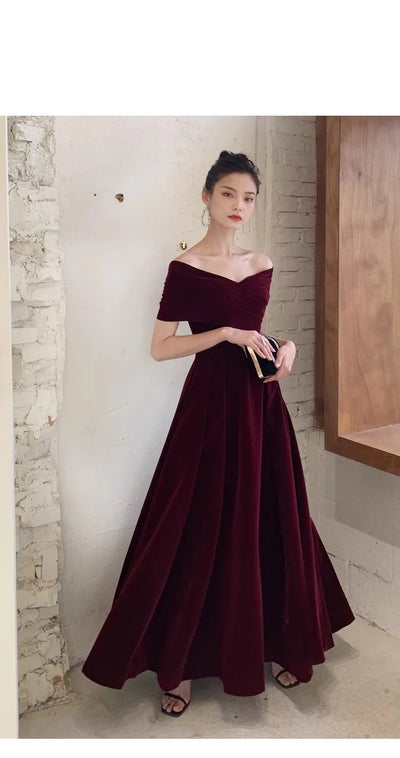 Chic Black Soft Velvet Evening Party Wedding Dresses for Women Off Shoulder Maxi Clothes
