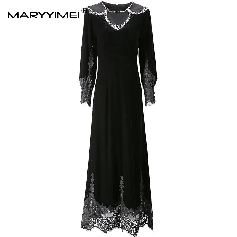 MARYYIMEI Fashion design Women's Dress Lace Splicing Long-Sleeved Beading Pretty Slim-Fit Hip Wrap Elegant Velvet Dresses