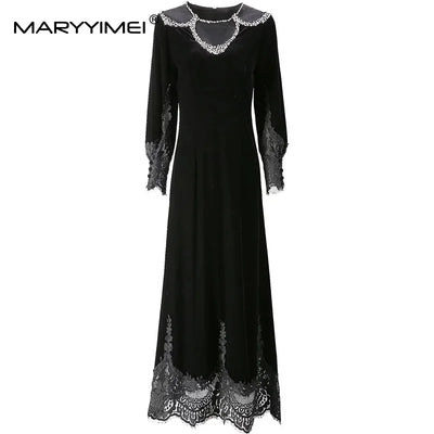 MARYYIMEI Fashion design Women's Dress Lace Splicing Long-Sleeved Beading Pretty Slim-Fit Hip Wrap Elegant Velvet Dresses