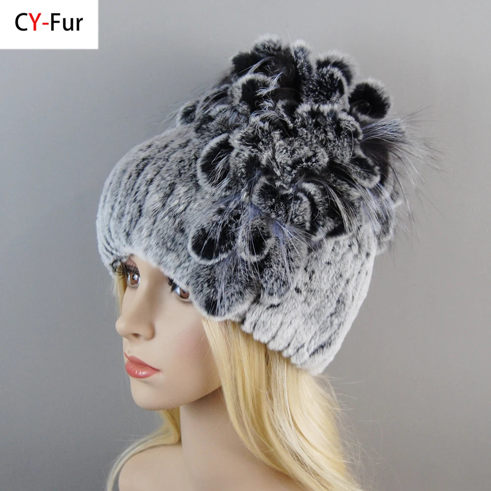Luxury Women Fur Hat For Winter Handmade Natural Rex Rabbit Fox .