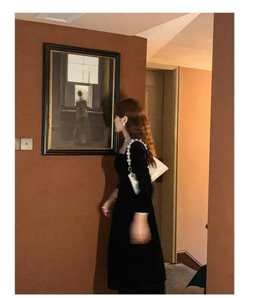 Gold Velvet Women's Dress Elegant Waist-Cinching Ladylike Style