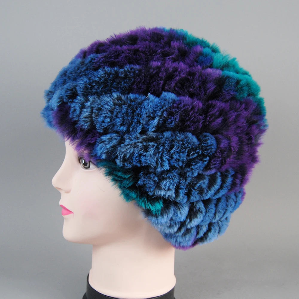 Real Rex Rabbit Winter Fur Hat For Women Russian Real Fur Knitted Cap