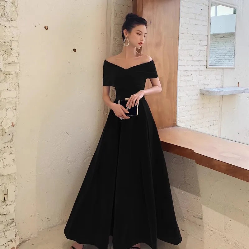 Chic Black Soft Velvet Evening Party Wedding Dresses for Women Off Shoulder Maxi Clothes