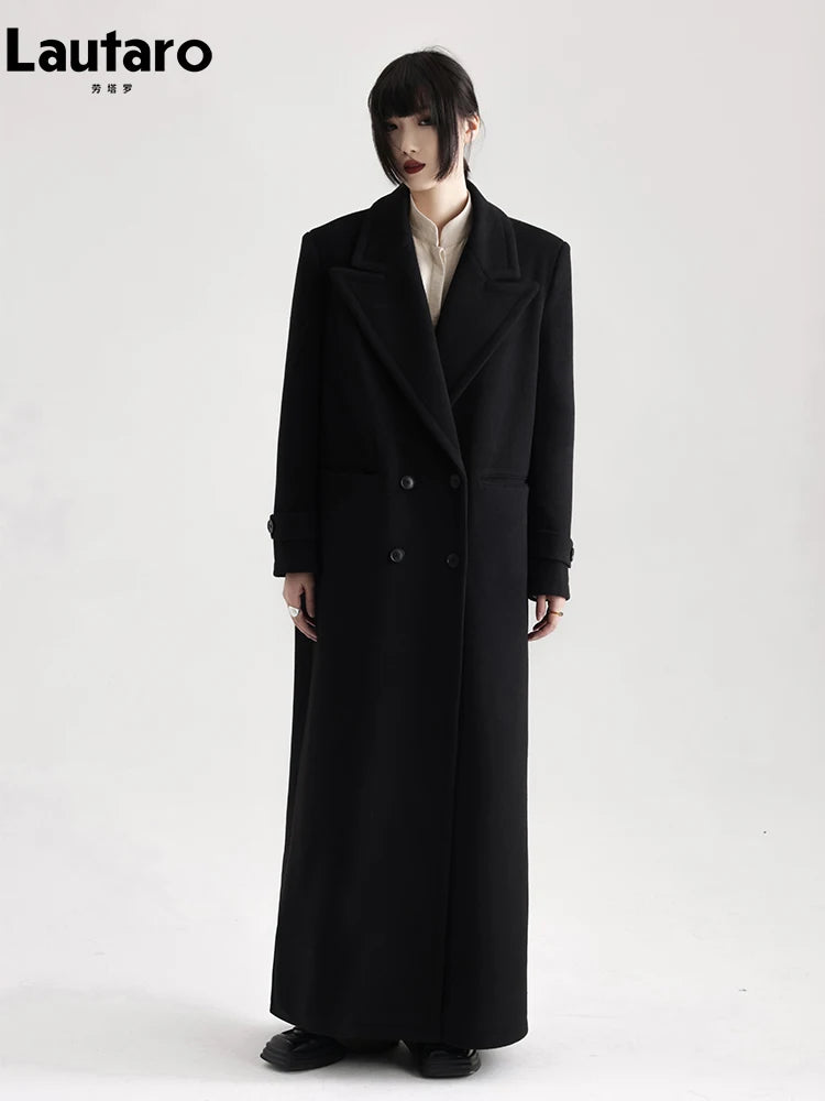 Winter Luxury Extra Long Black Warm Soft Wool & blends Coat for Women