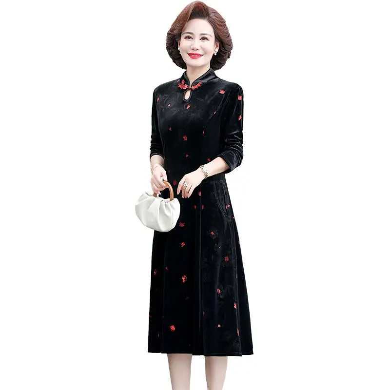 Embroidery Gold Velvet Cheongsam Long Dress Women
