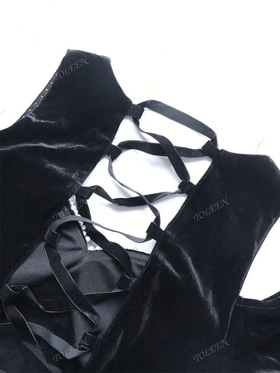 Elegant Velvet Dress With Bow Tie Backless Design 2024 New Luxury Diamond