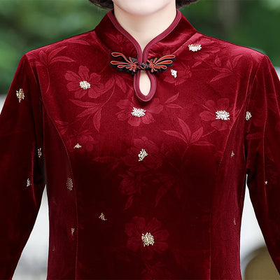 Embroidery Gold Velvet Cheongsam Long Dress Women