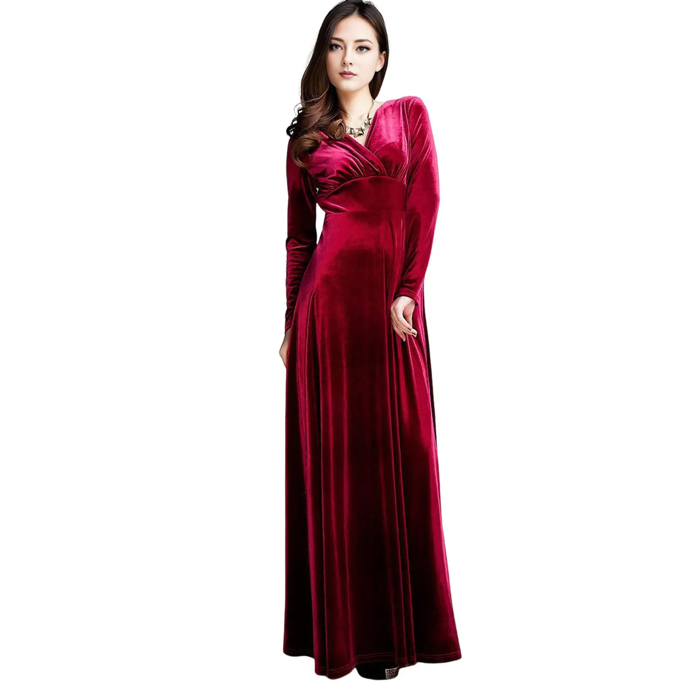Long Sleeve V Neck Pleated Velvet Banquet Party Maxi Dress Party Wedding