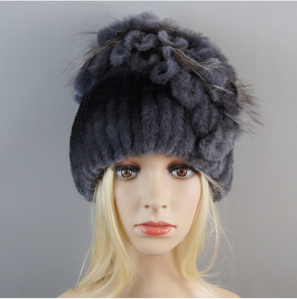 Luxury Women Fur Hat For Winter Handmade Natural Rex Rabbit Fox .