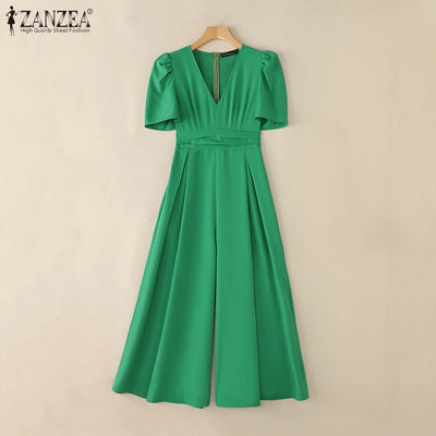 Office Casual Loose Short Sleeve Playsuits Solid Color Wide Leg Jumpsuits