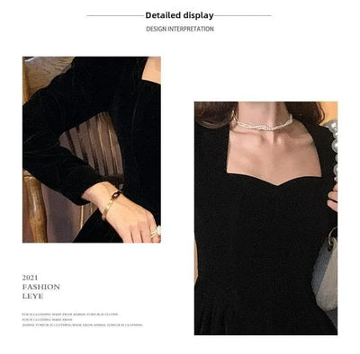 Gold Velvet Women's Dress Elegant Waist-Cinching Ladylike Style