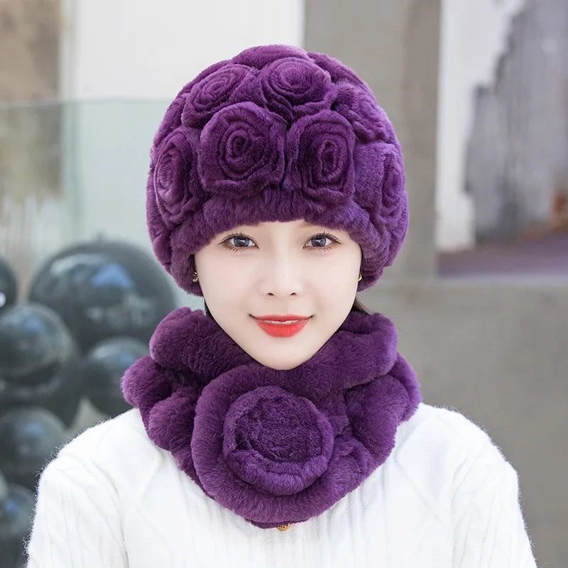 Winter Fur Hat Scarf Sets Natural Warm Real Rex Rabbit Fur