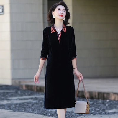 Velvet Midi Dress Women's Velvet Full Sleeve Knee-length Regular Shirt