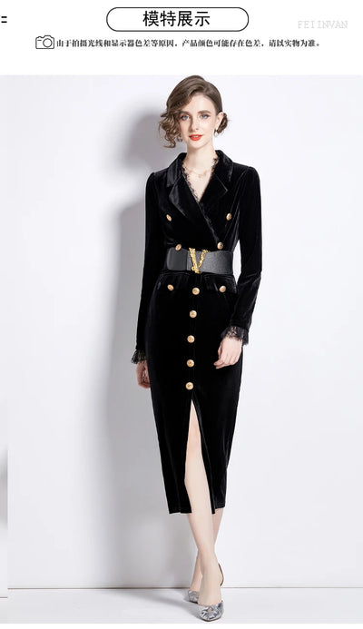 V-Neck Velvet Dress Women Long Sleeve Fashion Metre Buttons Split Sheath