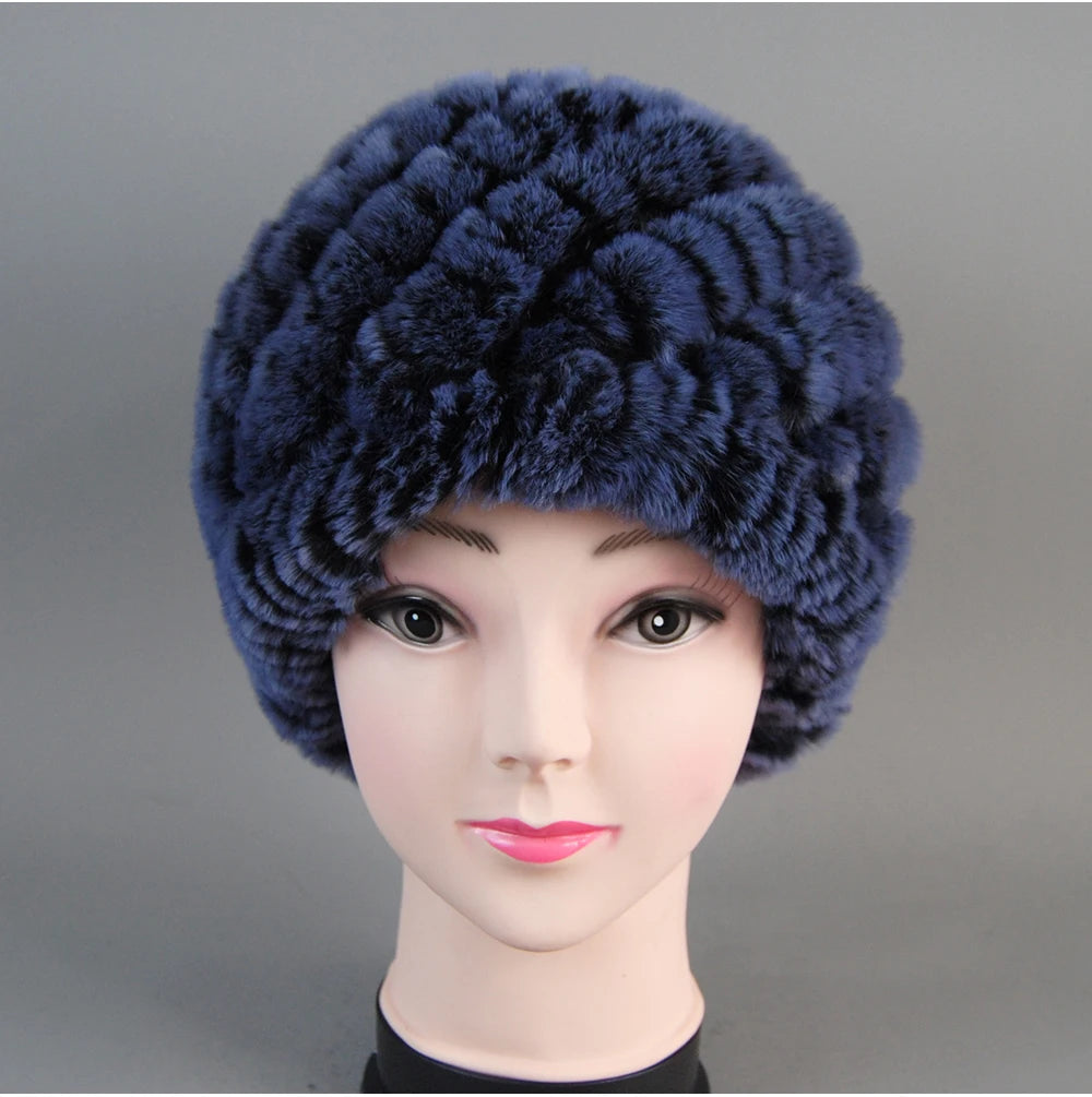 Real Rex Rabbit Winter Fur Hat For Women Russian Real Fur Knitted Cap