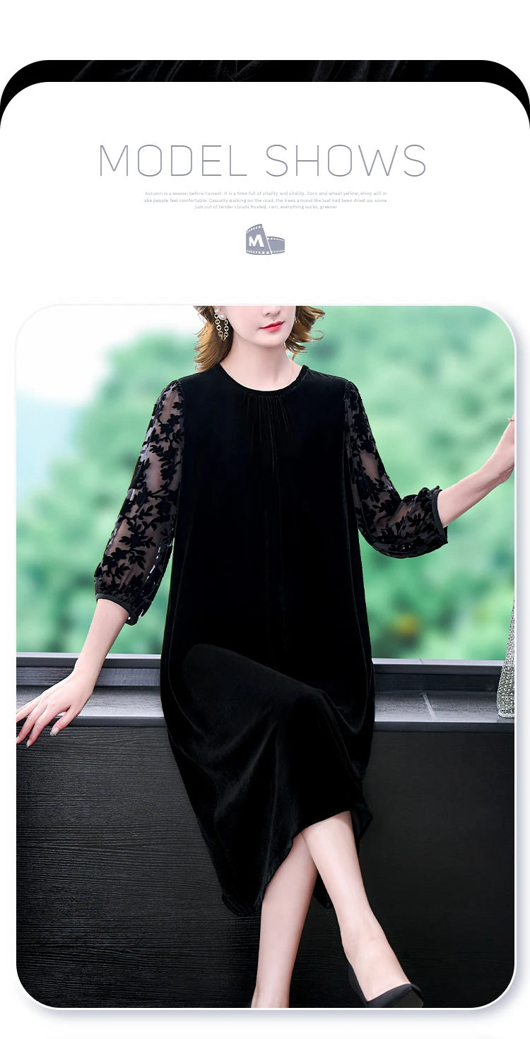 Velvet Chic Hook Flower Hollow Sexy Midi Dress Women Solid