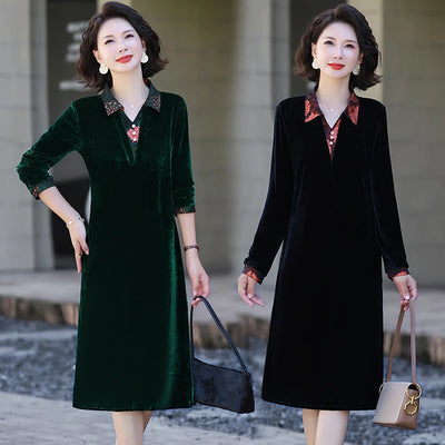 Velvet Midi Dress Women's Velvet Full Sleeve Knee-length Regular Shirt