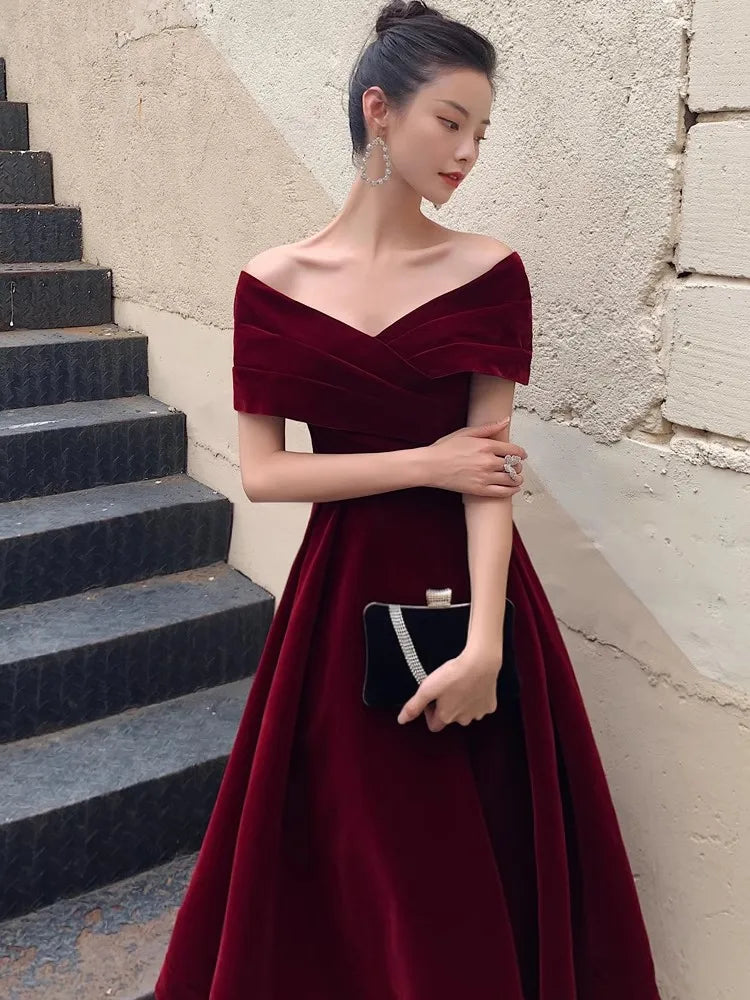 Chic Black Soft Velvet Evening Party Wedding Dresses for Women Off Shoulder Maxi Clothes