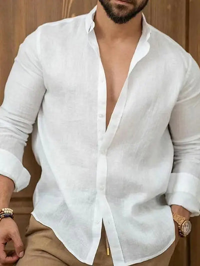 Solid Color Cotton Linen Plain Shirt Men Classic Button-up