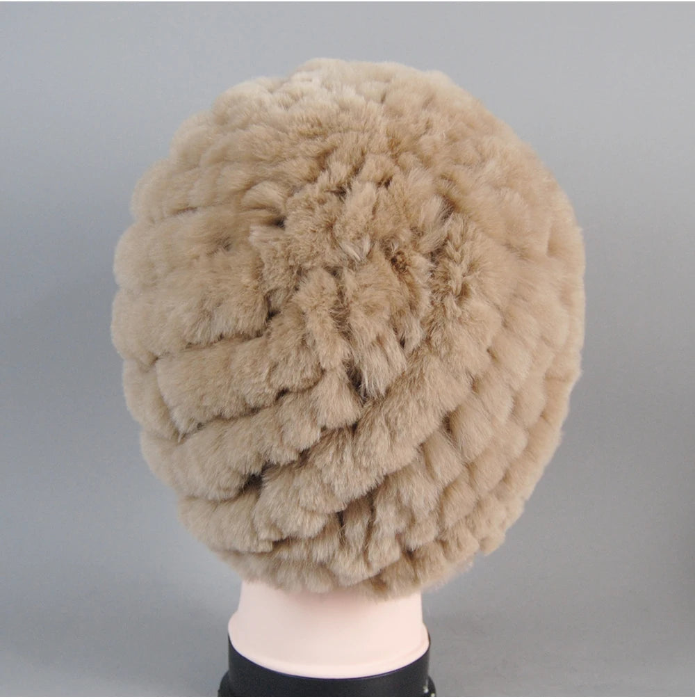 Real Rex Rabbit Winter Fur Hat For Women Russian Real Fur Knitted Cap
