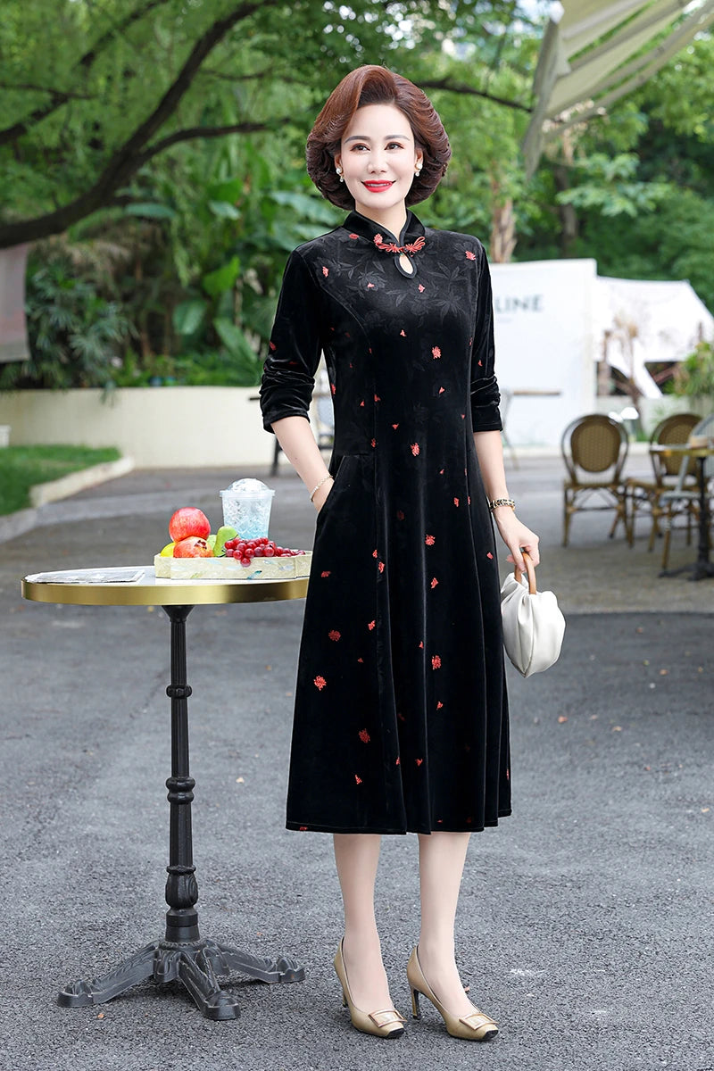 Embroidery Gold Velvet Cheongsam Long Dress Women