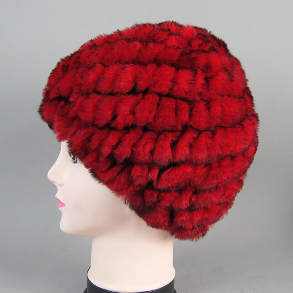 Real Rex Rabbit Winter Fur Hat For Women Russian Real Fur Knitted Cap